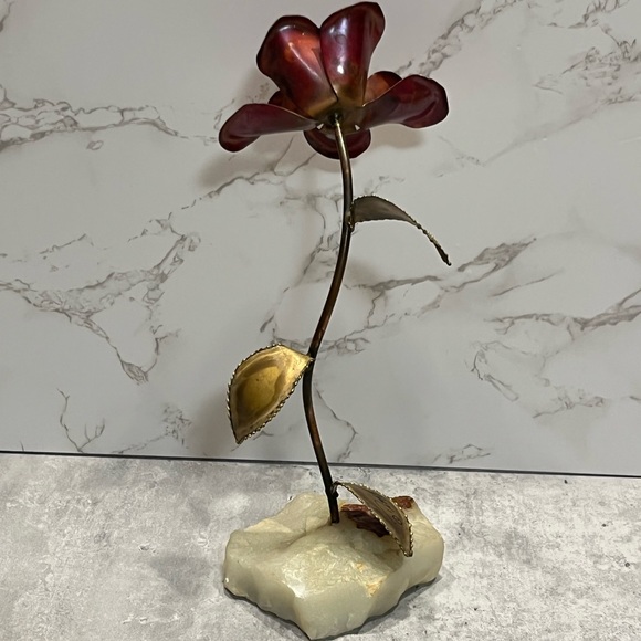 VINTAGE Mid Century Modern Rose Flower Leaves Copper Metal Art on Onyx Demott - Picture 3 of 11